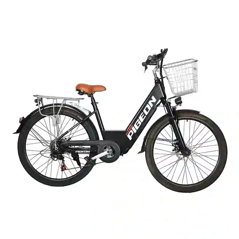Step-Through Black Electric Bicycle with Front Basket